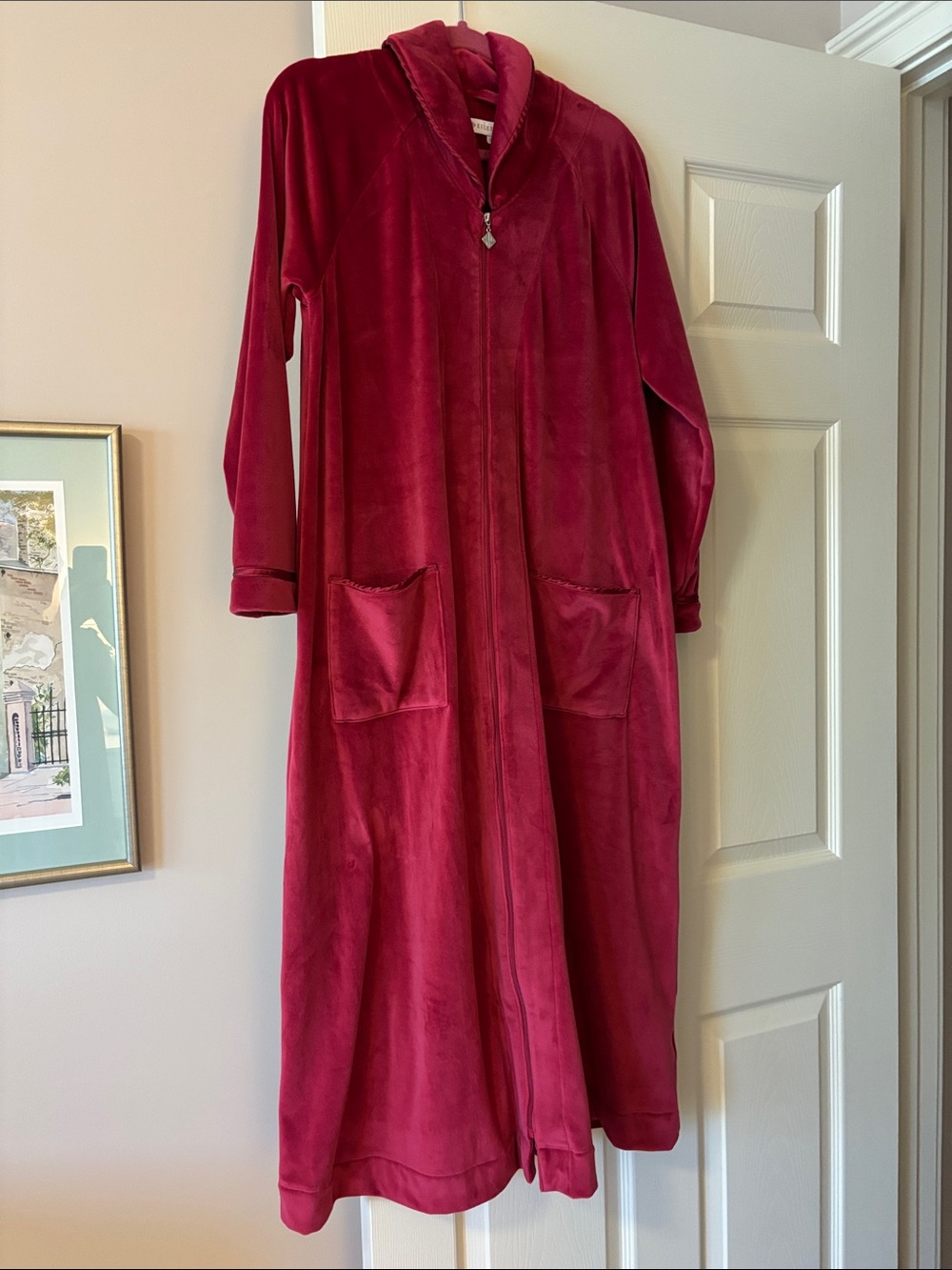 Eileen West Deep Red Plush Zip-Front Teddy Robe Jacket